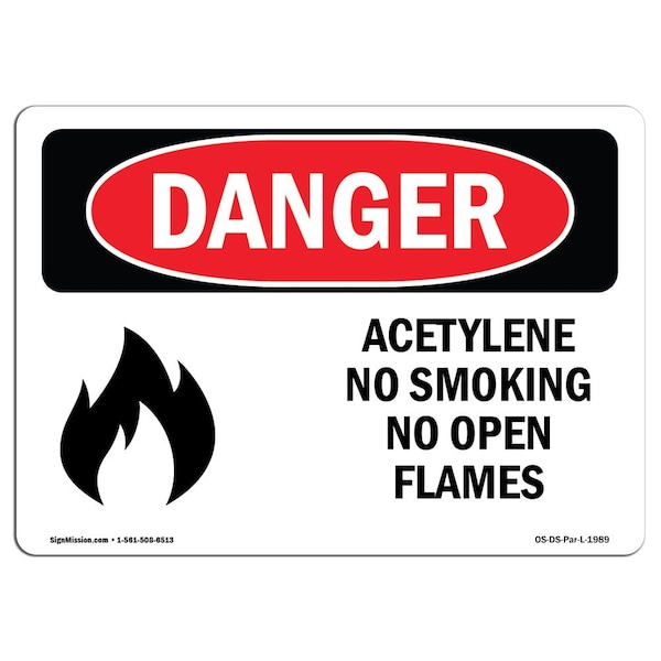 OSHA Sign, Acetylene No Smoking No Open Flames, 5in X 3.5in, 10PK, 3.5" W, 5" L, Landscape, PK10